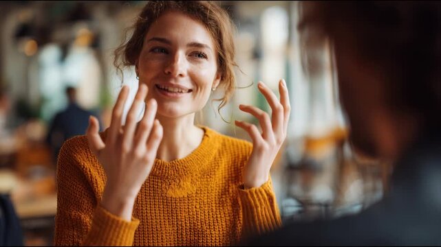 Young couple enjoying friendly conversation over coffee in cozy caf&eacute;