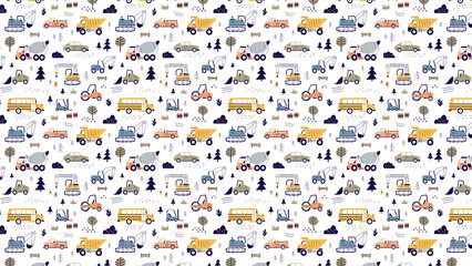 Vibrant construction vehicles pattern with trucks and trees on white © Visual Graphics