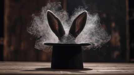 Rabbit ears appear from a top hat surrounded by smoke at a magic show in an indoor venue during the evening