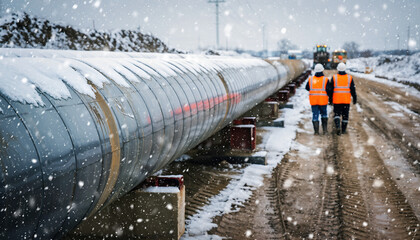 Construction workers in winter conditions overseeing a large industrial pipeline project.