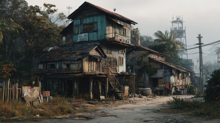 Old buildings stand in a quiet area with overgrown grass, broken paths, and nearby utility poles during the early morning light