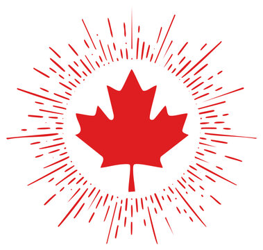 Red Maple Leaf with Bursting Rays Graphic Illustration