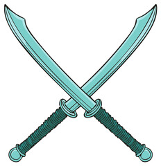 Obraz premium Duel of Crossed Swords Illustration Turquoise Color Cartoon Weaponry Sharp Steel Cutlass Curved Blades