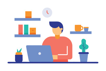 Man Working on Laptop at Home Office Flat Vector Illustration