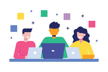 Creative Team Collaboration with Laptops Flat Illustration