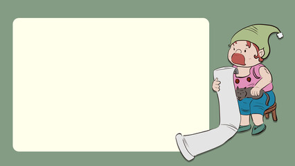 cartoon-style festive  a gnome or elf character sitting and holding a long scroll or checklist next to a empty light beige text box. The overall background is a muted sage green/olive green