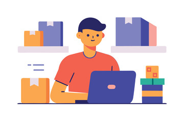 Warehouse Office Worker Managing Inventory on Laptop