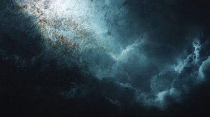 Fototapeta premium A dark sky with a few clouds and a bright light shining through the clouds. The light is creating a contrast with the dark sky, making the scene feel mysterious and intriguing