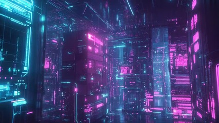 Futuristic digital server room with glowing neon lights - Powered by Adobe