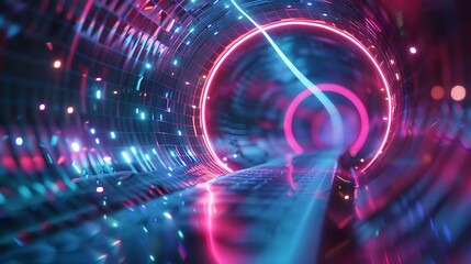 Digital mesh tunnel spiraling forward with neon highlights