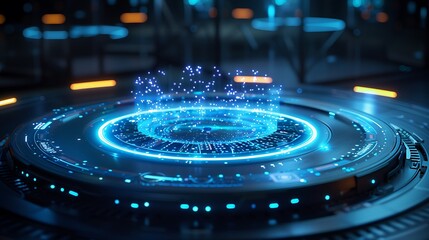 Floating hologram ui rings glowing above minimal device