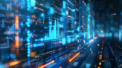 Floating holographic interface bars projecting analytics in blue