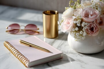 Neutral workspace with soft light and pastel accessories imagery