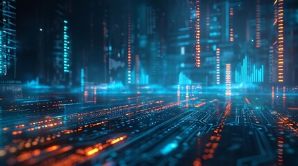 Floating holographic interface bars projecting analytics in blue