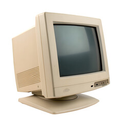 Beige CRT monitor with black screen on transparent background