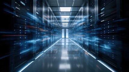 Rows of server racks fill a data center as blue light effects convey speed and technology. The environment shows high tech storage and processing of information.