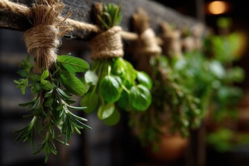 Herbs hanging from string in rustic style stock images