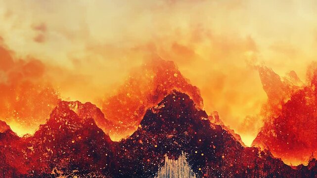 Abstract digital mountains glowing with fire and lava