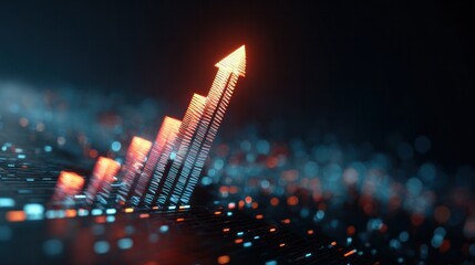 Digital Growth and Data Visualization: A dynamic digital illustration of an upward-trending arrow formed from data, set against a dark, futuristic background, symbolizing progress, innovation.