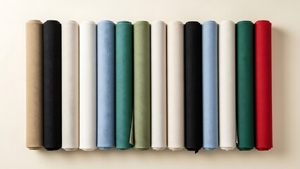 Aligned rolls of varied colored materials casting soft shadows overhead