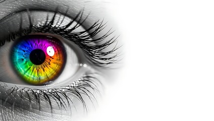 Close up of a human eye with a vibrant rainbow iris against a black and white background
