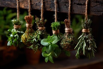 Herbs hanging from string in rustic style stock images