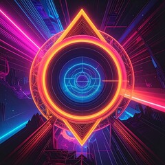 Neon Geometric Shape with Laser Beams and Futuristic Background.