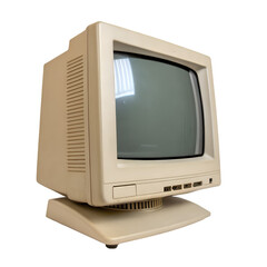 Beige CRT monitor with black screen on transparent background