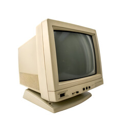 Beige CRT monitor with black screen on transparent background