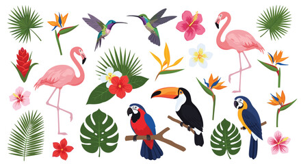 Fototapeta premium Vibrant collection of tropical exotic birds, including flamingos, toucans, parrots, and hummingbirds, with lush plants and flowers.
