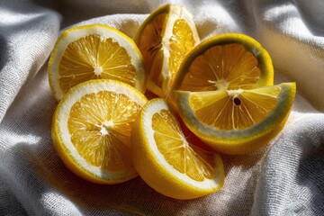 Circular arrangement of lemon slices on fabric background in stock images