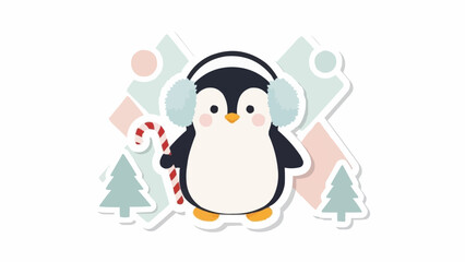 Obraz premium Cute penguin wearing earmuffs holds candy cane on Christmas background