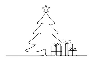 Christmas tree with a star and gift boxes drawn in black continuous line art, creating a minimal design for celebrations