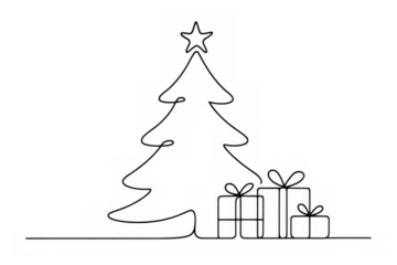 Christmas tree with a star and gift boxes drawn in black continuous line art, creating a minimal design for celebrations