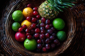 Topdown view stock image of fruits in woven basket
