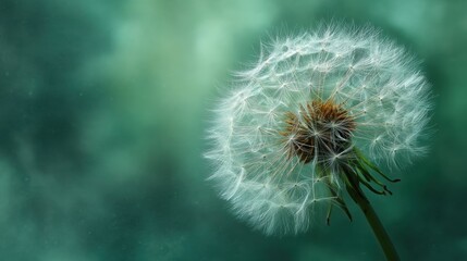 Fototapeta premium A dandelion is the main focus of the image, with its white petals and brown center. The dandelion is surrounded by a green background, which adds a sense of freshness and vitality to the scene