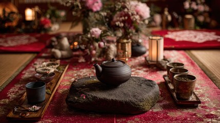 Tea ceremony taking place in a traditional room with wooden elements, floral decorations, and stone display at a specific time of day