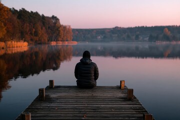 Person sitting on dock admiring calm water with haze