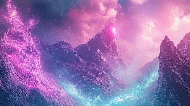 Fantasy landscape with glowing cosmic mountains and nebula