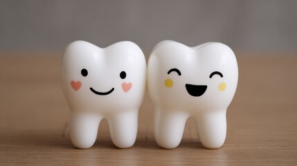 Two toy teeth figurines with different facial expressions placed on a wooden surface