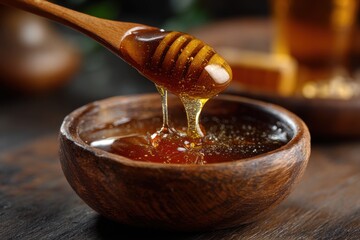 Natural honey flowing into wooden bowl beige and gold