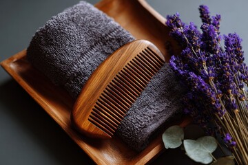 Wooden comb dried lavender towel stock images flat lay