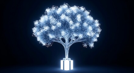 Illuminated by sapphire and white light, a perfectly symmetrical abstract 3D fractal tree extends upward from a single glowing idea cube against a deep navy and black background.