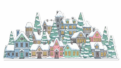 Obraz premium Whimsical snow-covered village with colorful houses and pine trees