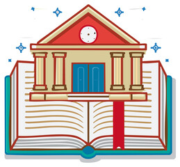 Obraz premium Educational building with classical pillars and clock on open book, symbolizing academic knowledge