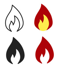 flame fire icon designs for graphic assets, featuring outline, solid black, and colored variations