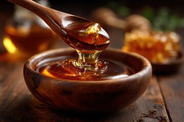 Natural honey flowing into wooden bowl beige and gold