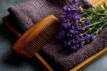 Wooden comb dried lavender towel stock images flat lay