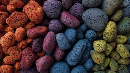 Colorful stones arranged in various shades on a flat surface with a natural texture seen in sunlight