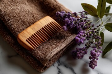 Wooden comb dried lavender towel stock images flat lay